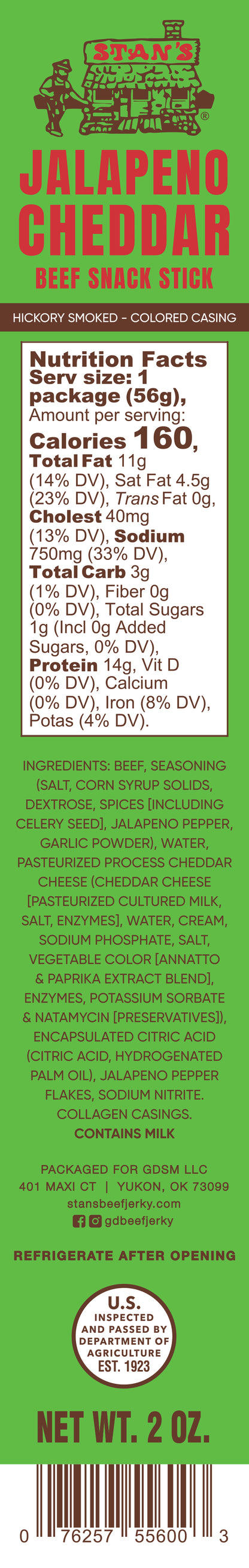 Stan's Beef Snack Stick - 2oz Jalapeno Cheddar
